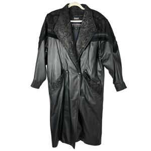 Wilsons Leather Long Trench Coat Jacket Mens Medium Black VTG Lace Suede Lined